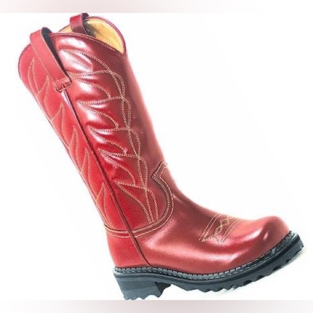 John Fluevog Rare Vintage Red Leather Cowboy Low F-Shoe Boots, Sz 6 (fit small)